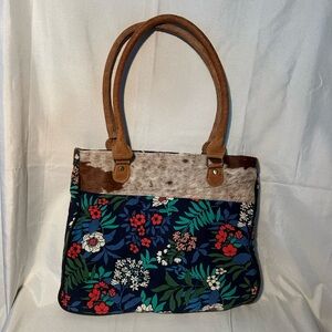 Myra Bag Beatific Upcycled Canvas & Cowhide Handbag